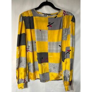 Vintage Nicola Long Sleeve Blouse Top Patchwork‎ Print Yellow Gray